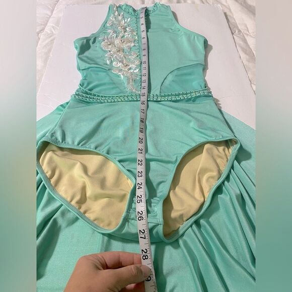Glamour Custom solo dance costume lyrical mint aqua blue leotard stoned MA adult - Picture 8 of 11